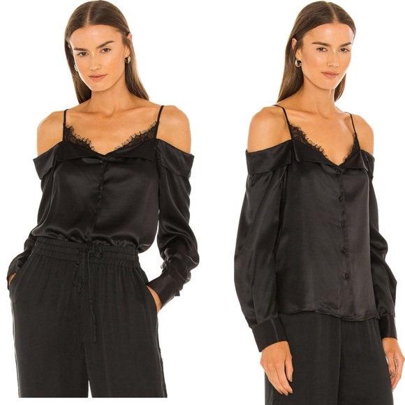 JONATHAN SIMKHAI Caylee Silk Lace Plisse Off Shoulder  Button Down Blouse Top - Picture 2 of 16